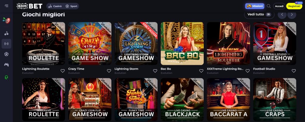 Eine Online-Casino-Plattform mit einer Auswahl beliebter Spiele wie Lightning Roulette, Crazy Time, Blackjack und Baccarat. Die Spiele sind in Kacheln angeordnet und werden vom Anbieter Evolution bereitgestellt. Das Menü auf der linken Seite bietet Zugriff auf verschiedene Kategorien wie Casino und Sport