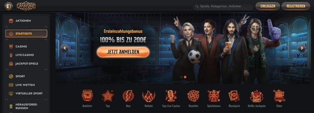 Eine stilvolle Casino- und Sportwetten-Webseite mit dunklem Design. Links befindet sich ein übersichtliches Menü mit Kategorien wie Aktionen, Startseite, Casino, Live-Casino, Jackpot-Spiele, Sport, Live-Wetten, Virtueller Sport und Herausforderungen. Im Hauptbereich der Seite stehen vier fröhlich gekleidete Personen, die verschiedene Gegenstände wie einen Fußball und ein Bierglas halten. Ein attraktives Angebot für einen 100% Ersteinzahlungsbonus bis zu 200€ wird hervorgehoben, begleitet von einem auffälligen „Jetzt anmelden“-Button. Am oberen Rand befinden sich die Buttons „Einloggen“ und „Registrieren“