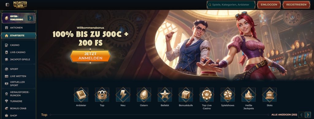 Die Webseite eines besten Online Casinos präsentiert ein großzügiges Willkommensbonus-Angebot von 100% bis zu 500€ sowie 200 Freispielen. Zwei Figuren in Steampunk-Kleidung verleihen der Szene eine einzigartige Atmosphäre. Auf der linken Seite befindet sich ein übersichtliches Menü mit Kategorien wie Casino, Live-Casino, Jackpot-Spiele und Sportwetten.