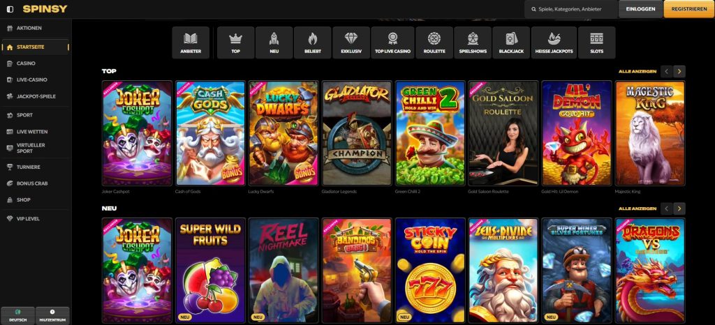 Die Webseite Spinsy präsentiert eine vielseitige Auswahl an Online-Casino-Spielen, die in verschiedene Kategorien wie „Top“ und „Neu“ gegliedert sind. Unter den beliebten Titeln finden sich Joker Cashpot, Cash of Gods, Lucky Dwarfs, Gladiator Legends, Green Chilli 2, Gold Saloon Roulette, Gold Hit: Lil Demon und Majestic King. Neue Spiele umfassen Super Wild Fruits, Reel Nightmare, Bandidos Cashpot, Sticky Coin, Leis Divine, Super Miner und Dragons vs.